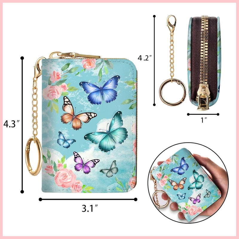 Blusabaca RFID Credit Card Holder Wallets for Women, Small Card Case Wallet with Keychain and Zipper, Butterfly Leather Card Holder Pocket Business Card Accordion Wallet - Image 4